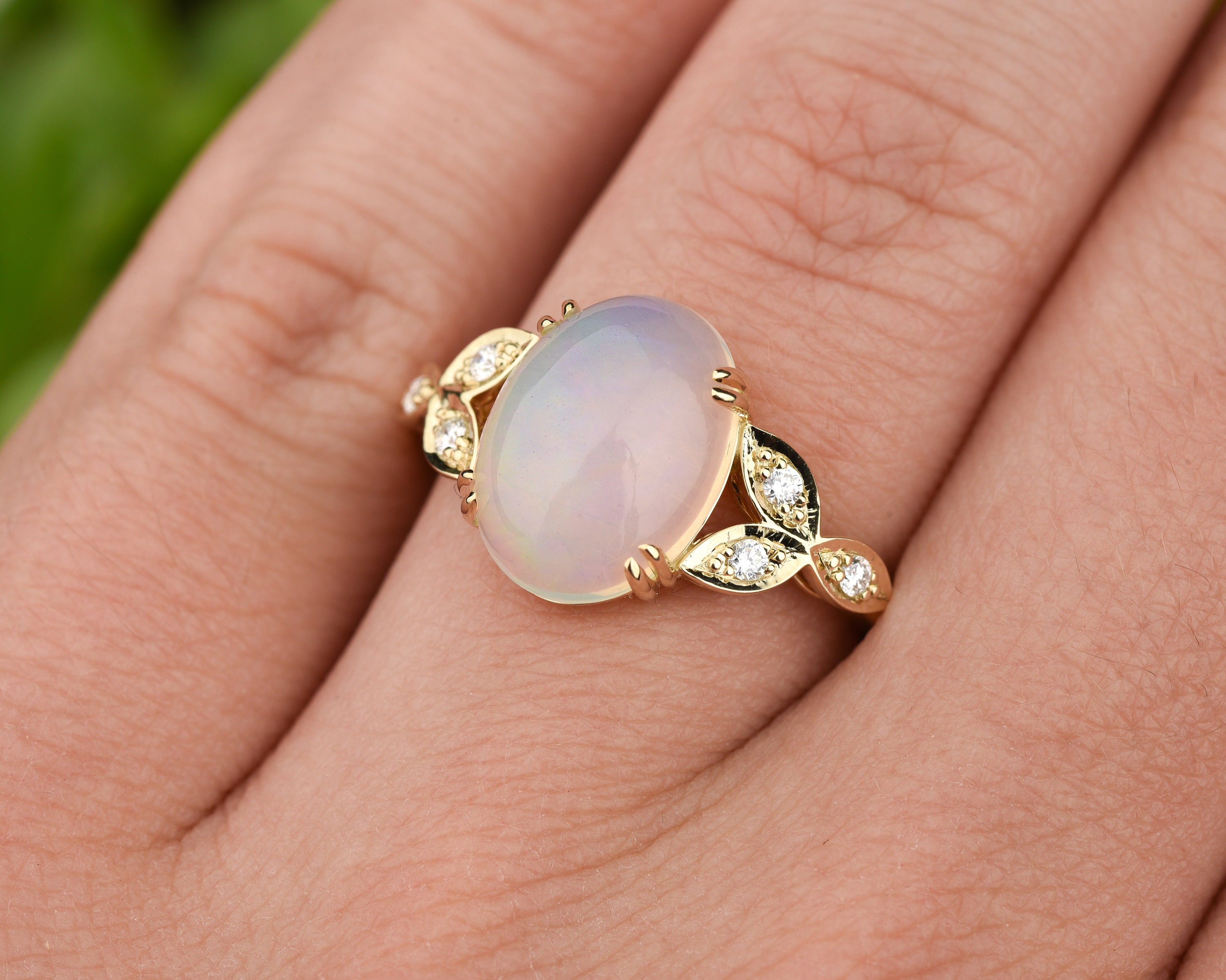 Opal promise ring with diamonds Yellow gold art deco ring Etsy