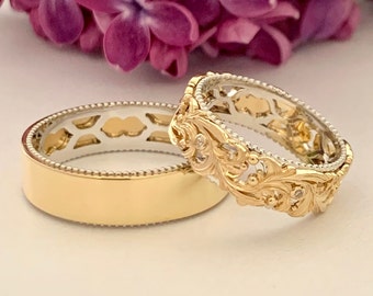 Wedding Band Set for Couple Matching wedding band his and hers  His and Hers yelow and white Gold Wedding Bands Set with Diamonds