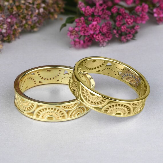 14K Gold Sun Rings for Women Vintage Wedding Bands Set Matching