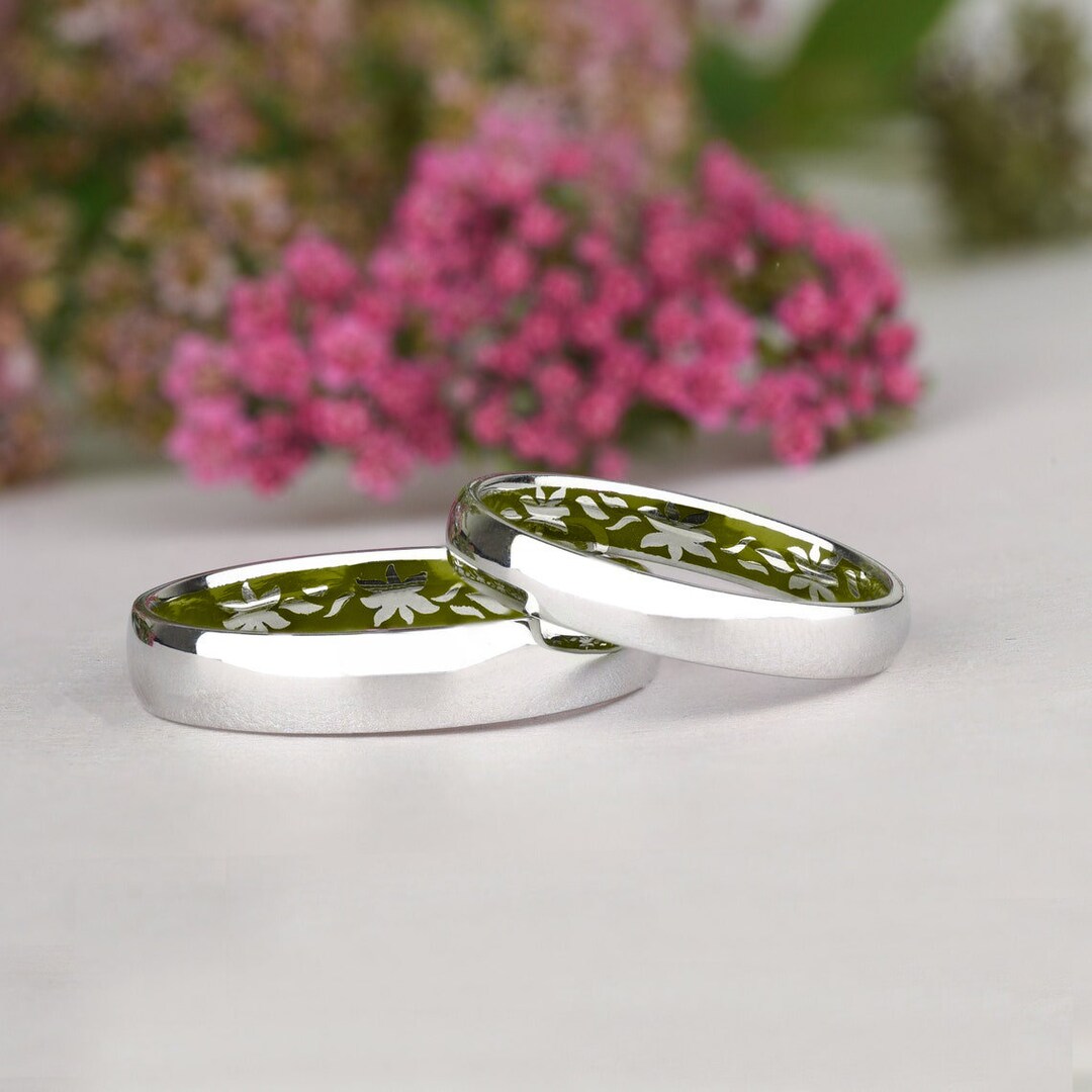 14K Gold and Green Ring Set, Male and Female Wedding Bands, Thin ...