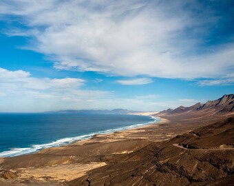 Landscape, ocean, mountains, clouds, Fuerteventura, Cofete beach. Horizontal fine art print, wall art decor photo.