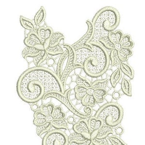 Könnte beinhalten: Ein zartes weißes Spitzenmuster mit filigranen Blumenmustern und Schnörkeln. Die Spitze ist perfekt, um jedem Projekt einen Hauch von Eleganz zu verleihen.