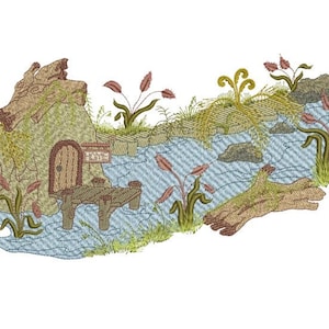 Brook landscape scene -  Woodland Treasures Machine Embroidery design by Sue Box in 2 sizes