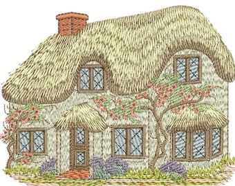 Thatched Cottage - English Traditional Homes and Gardens - machine embroidery design by Sue Box in 2 sizes