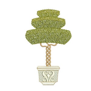 May include: A green topiary tree with a braided trunk in a white planter with a decorative design.