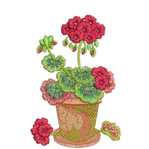 May include: A potted geranium plant with red flowers and green leaves. The pot is brown with a green rim.