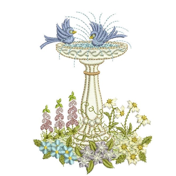 Bird Bath A - English Traditional Homes and Gardens - Machine embroidery design by Sue Box in 2 sizes