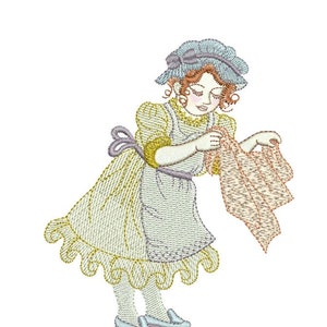 May include: A girl in a blue and white dress and hat is holding a pink and white cloth. She is looking down at the cloth.