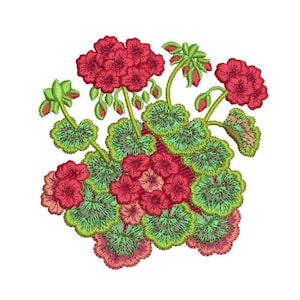 May include: Embroidered design of a cluster of pink and green geraniums. The flowers are in bloom and the leaves are detailed with a textured stitch.