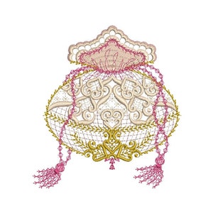 Può includere: Un ricamo bianco e oro di una borsa decorativa con nappine rosa.