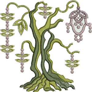 May include: An embroidered design of a stylized tree with green branches and leaves. The tree has a thick trunk and roots. There are purple flowers hanging from the branches.