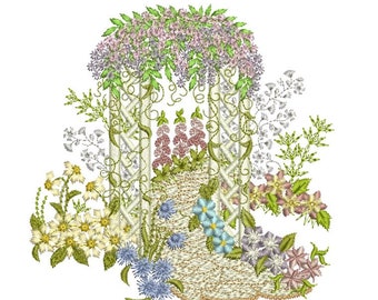Floral Garden Arch - English Traditional Homes and Gardens - Machine embroidery design by Sue Box in 2 sizes
