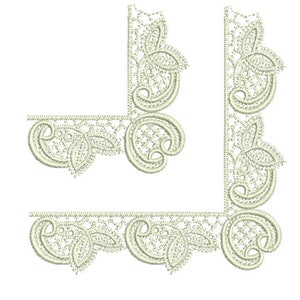 May include: A set of three white lace trim borders with a delicate floral design. The borders are perfect for adding a touch of elegance to any project.