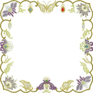 Pode incluir: Uma moldura decorativa com um design floral dourado e roxo. A moldura é adornada com borboletas, joias e detalhes intrincados.