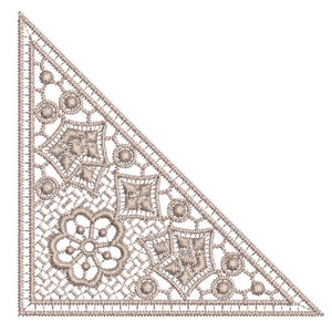 May include: A beige, triangular lace doily with an intricate floral and geometric pattern. The design features detailed embroidery with various shapes, including flowers, squares, and circles, creating a delicate and ornate aesthetic. The edges are finished with a scalloped border.