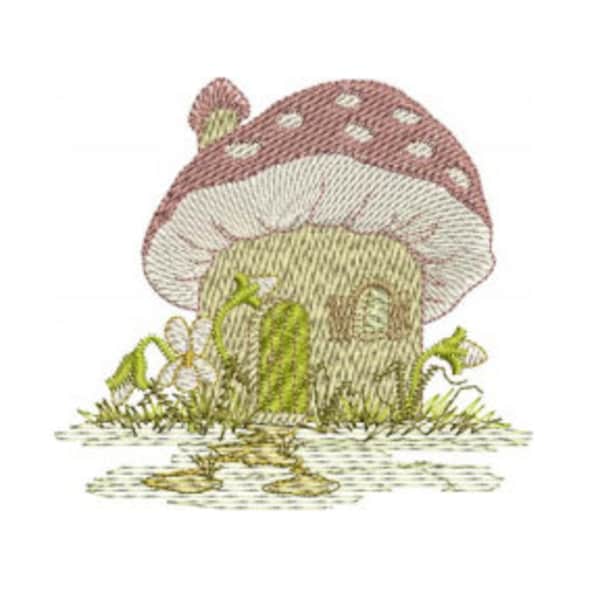 Motif de broderie Fairy Mushroom Cottage par Sue Box en 2 tailles