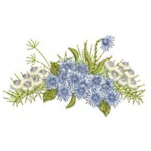 May include: A blue and white embroidered floral bouquet with green leaves and stems. The flowers are arranged in a cluster and have a delicate, vintage style.