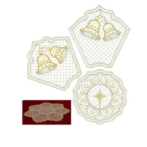 May include: Three white lace doilies with gold embroidery. One doily features a star, another has two bells, and the third has a floral design.