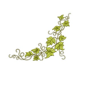 Puede incluir: Una vid verde con hojas y zarcillos rizados, un diseño decorativo para bordar o manualidades.