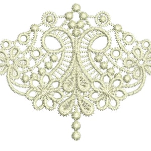 以下が含まれることがあります： 複雑な花柄とぶら下がったビーズが付いた、繊細なクリーム色のレースのデザインです。