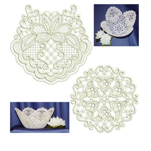 May include: Three white lace doilies, two are round and one is a half-circle. The doilies are made of delicate, intricate patterns. The doilies are perfect for adding a touch of elegance to any home decor.
