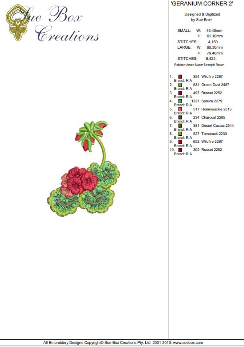 Geranium Corner Machine Embroidery Design – Sue Box, Floral (digital ...