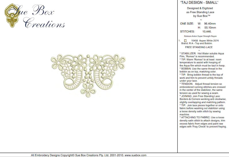 Classic Lace 22 beautiful free standing lace machine Embroidery design by Sue Box Lace Taj Design Small