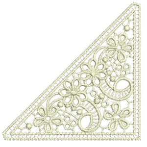 May include: A white, intricate, triangular lace design with a floral pattern.
