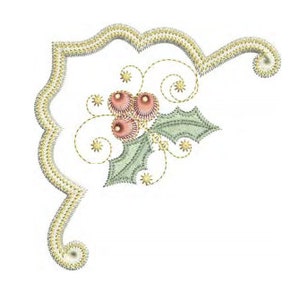 May include: A gold corner design with a green holly leaf and three red berries. The design is perfect for adding a festive touch to your crafts.