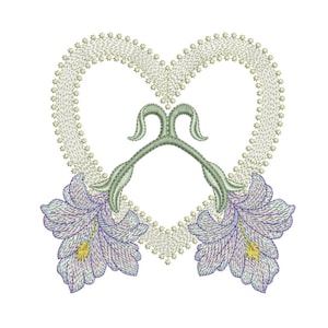 May include: Embroidered design of a heart with two stylized flowers on either side. The heart is outlined with a delicate pattern of small circles. The flowers are a light purple with green stems and leaves.