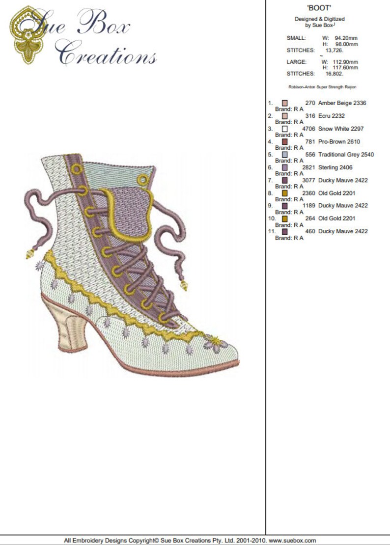 Boot Embroidery Design by Sue Box - 2 Sizes of Endearing Quality ...