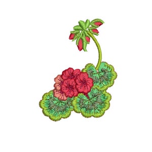 Könnte beinhalten: Stickerei mit einer roten Geranienblüte und grünen Blättern. Die Blüte hat eine rosafarbene Mitte und ist von drei grünen Blättern umgeben.