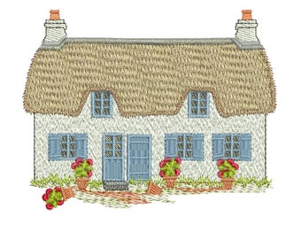 White Cottage - 18 - Traditional Homes and Gardens - Machine embroidery by Sue Box in 2 sizes