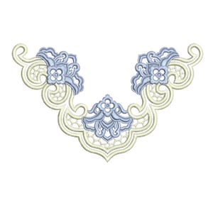 Könnte beinhalten: Ein zartes, filigranes Spitzenmuster in einem hellblauen und cremefarbenen Farbschema. Die Spitze zeigt ein Blumenmuster mit Schwüngen und Kurven.