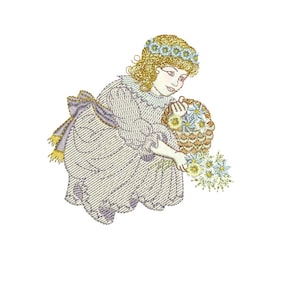Könnte beinhalten: Ein Mädchen in einem helllila Kleid mit weißem Kragen und einer gelben Blumenkrone hält einen Korb mit weißen Blumen. Sie sitzt auf dem Boden und lächelt.