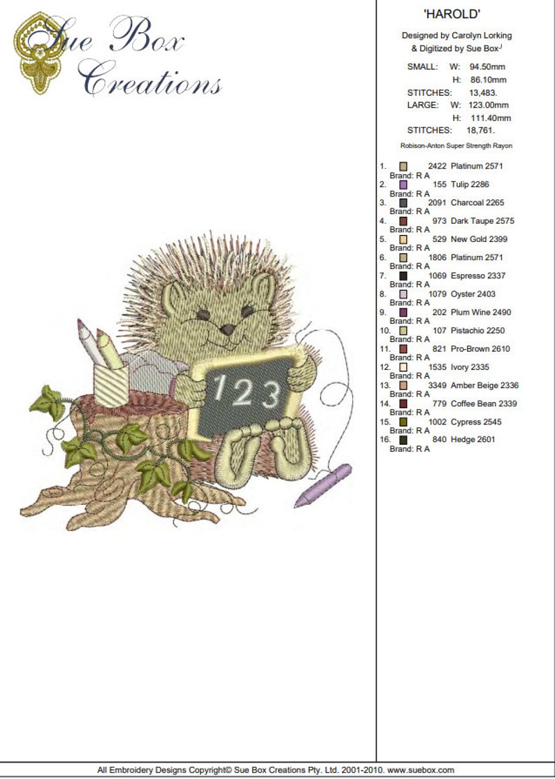 machine embroidery design as an instant download by Sue Box in 2 sizes Hedgehog Harold Woodland Treasures