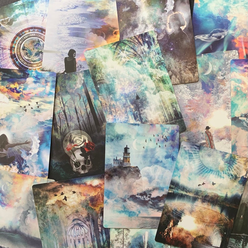 May include: A set of 12 tarot cards with colorful, abstract designs. Each card features a unique image with a celestial theme, including stars, clouds, and a lighthouse.