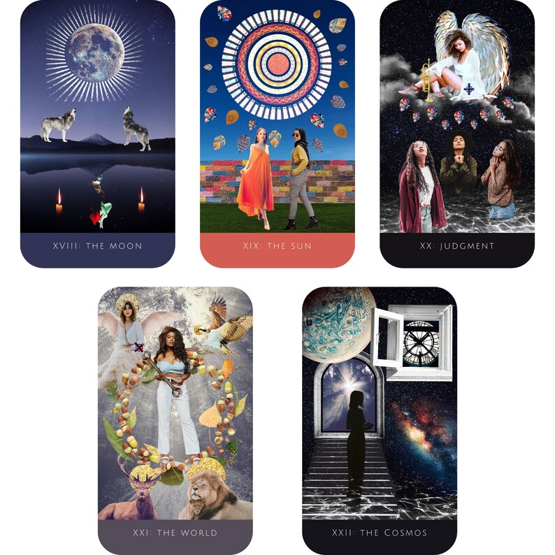 May include: Tarot card deck featuring illustrations of the Moon, Sun, Judgment, World, and Cosmos. Each card has a unique design with a collage of images and text.