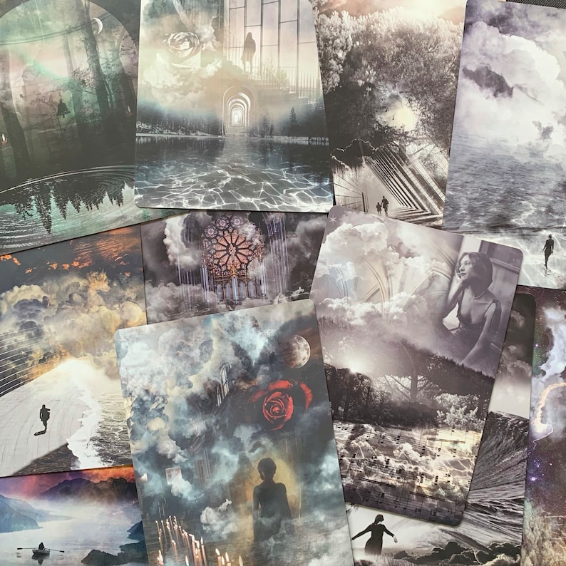 May include: A set of 10 tarot cards with various images, including a woman in a forest, a woman in a dress, a woman with a crown, a woman with a sword, a woman with a cup, a woman with a wand, a woman with a pentagram, a woman with a moon, a woman with a sun, and a woman with a star.