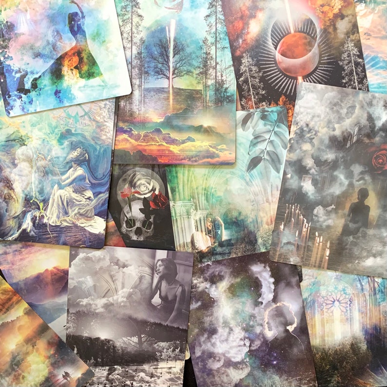 May include: A collection of tarot cards with colorful, abstract designs. The cards feature images of people, nature, and celestial bodies. The cards are arranged in a random order.