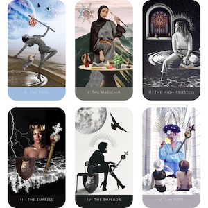 May include: A set of ten tarot cards featuring illustrations of various figures and symbols. The cards are arranged in a grid of three rows and three columns. Each card has a title at the bottom, such as "The Fool", "The Magician", and "The High Priestess".