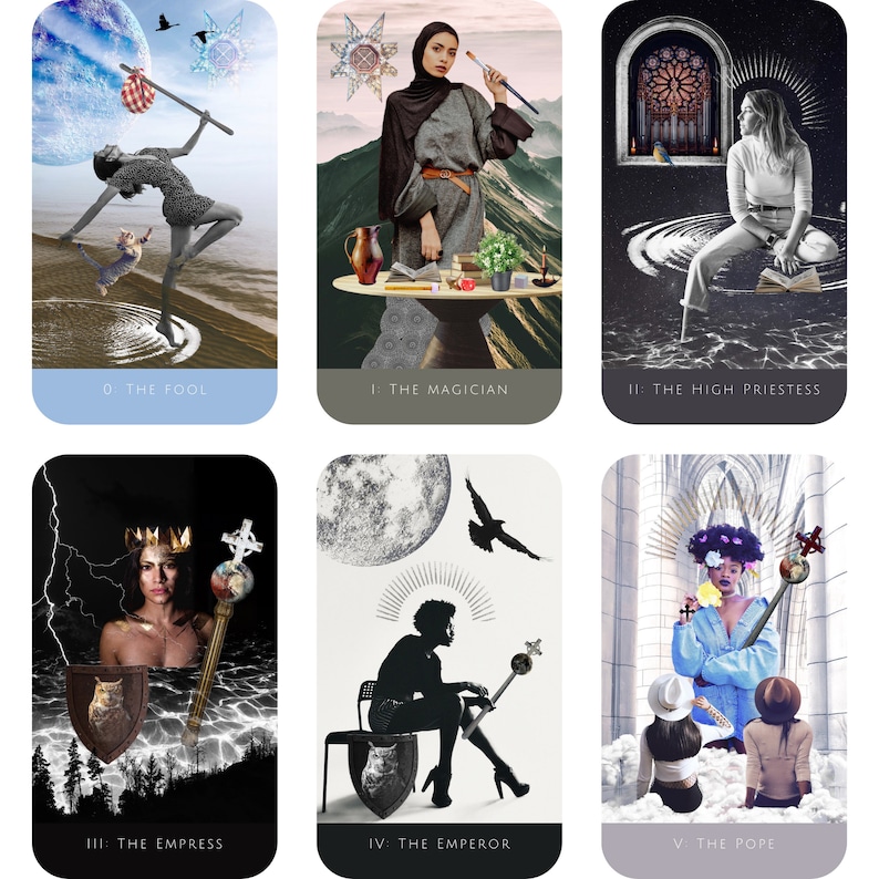 May include: A set of ten tarot cards featuring illustrations of various figures and symbols. The cards are arranged in a grid of three rows and three columns. Each card has a title at the bottom, such as "The Fool", "The Magician", and "The High Priestess".
