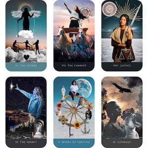 May include: A set of 10 tarot cards with colorful illustrations and text. The cards feature a variety of themes, including love, justice, courage, and the wheel of fortune.