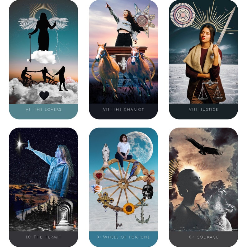 May include: A set of 10 tarot cards with colorful illustrations and text. The cards feature a variety of themes, including love, justice, courage, and the wheel of fortune.