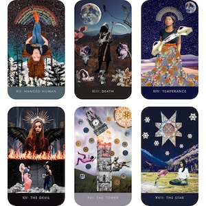May include: A set of 6 tarot cards with colorful illustrations. The cards are titled "Hanged Human", "Death", "Temperance", "The Devil", "The Tower", and "The Star".
