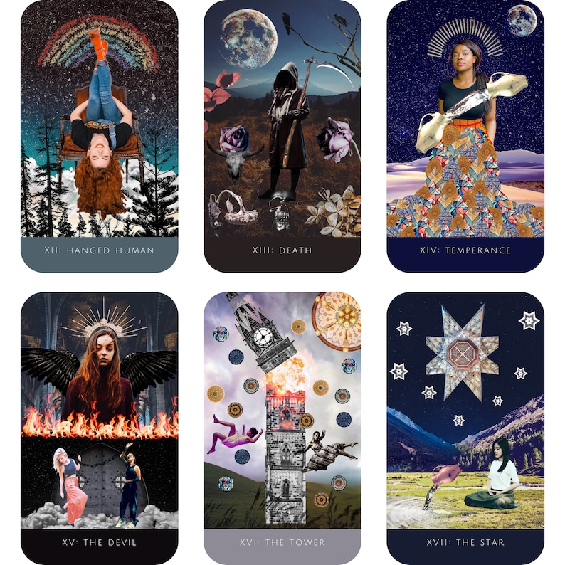 May include: A set of 6 tarot cards with colorful illustrations. The cards are titled "Hanged Human", "Death", "Temperance", "The Devil", "The Tower", and "The Star".