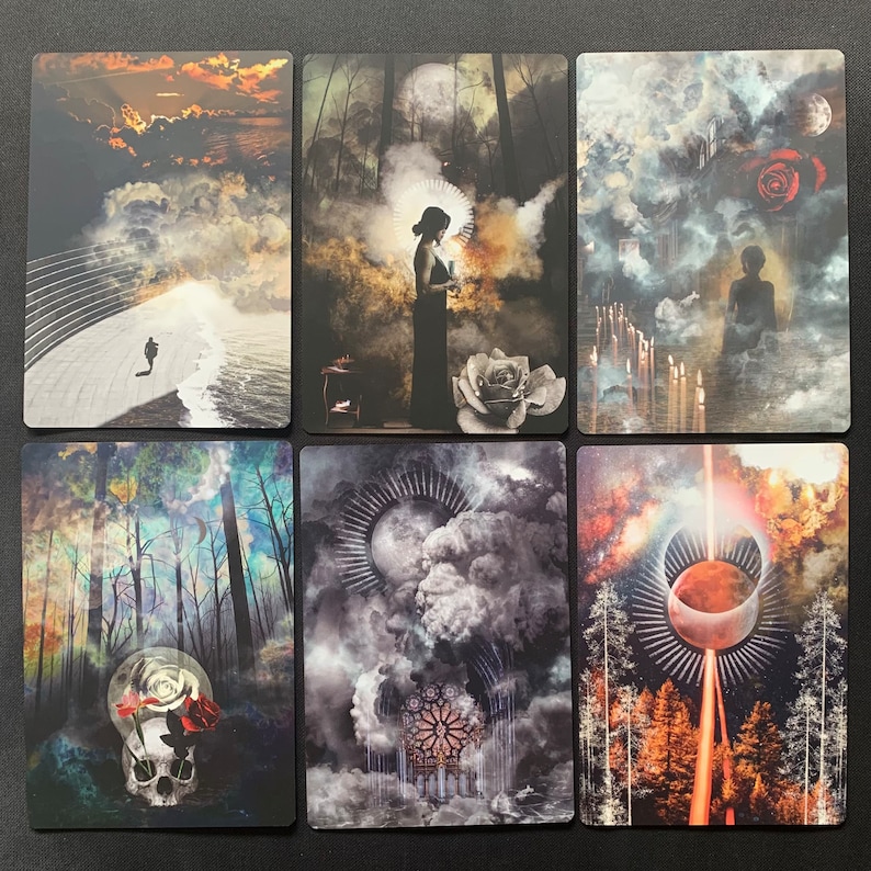May include: A set of 6 tarot cards with various imagery, including a woman in a forest, a skull with a rose, a moon in the clouds, and a red orb in the sky.