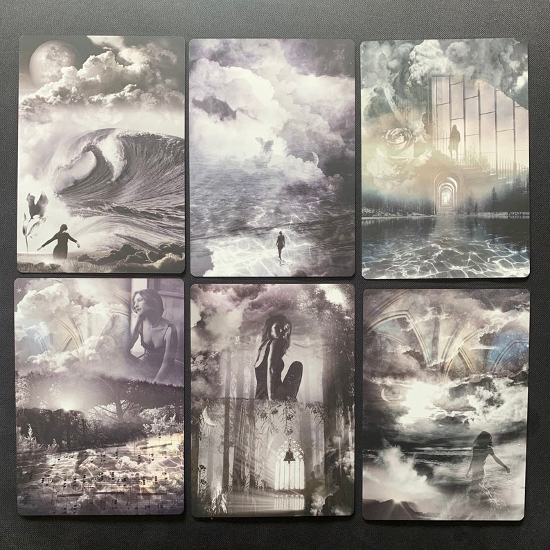 May include: Six black and white tarot cards with various images of clouds, water, and figures. The cards are arranged in two rows of three.