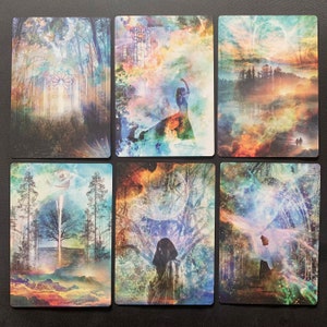 May include: Six colorful abstract art cards with a variety of images including trees, a woman, and a starry sky.
