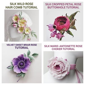 May include: Four images demonstrating silk flower tutorials. The top left shows a hair comb with yellow and pink roses. The top right features a pink rose buttonhole. The bottom left displays a purple flower. The bottom right shows a pink rose choker.